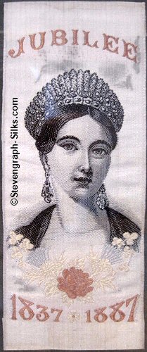 loose silk with top and bottom folded over to create flat ends, and portrait image of a young Queen Victoria, and woven title words