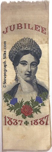 loose silk with " + " sign between dates, and portrait image of a young Queen Victoria, and woven title words