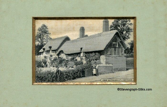 Picture of Ann Hathaway's Cottage, with title woven in lower right hand corner