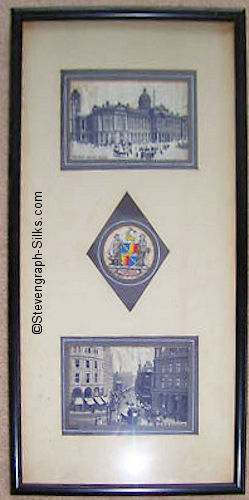 Three silk pictures in one frame, with no title, but comprising individual silks of 'Council House, Birmingham', 'Birmingham Coat of Arms', and 'New Street, Birmingham'