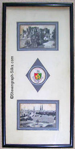 Three silk pictures in one frame, with no title, but comprising individual silks of 'Kenilworth Castle', 'Coventry Coat of Arms', and 'Grey Friar's Green, Coventry'