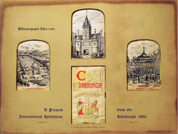 Four silk pictures in one frame, with the title, 'A Present from the International Exhibition, Edinburgh 1886'.  The mount contains the Edinburgh City Coat of Arms at the bottom, and individual silks titled 'The Exhibition Buildings', untitled 'Netherbow Port', and titled 'The Band Stand')