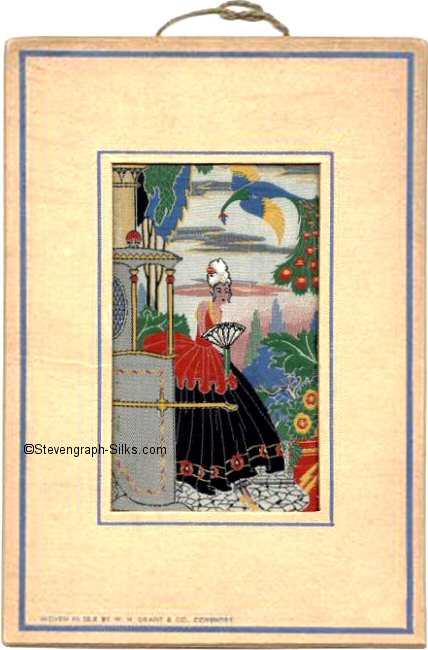 Image of a Lady in crinoline dress, stepping from a sedan chair into an exotic garden