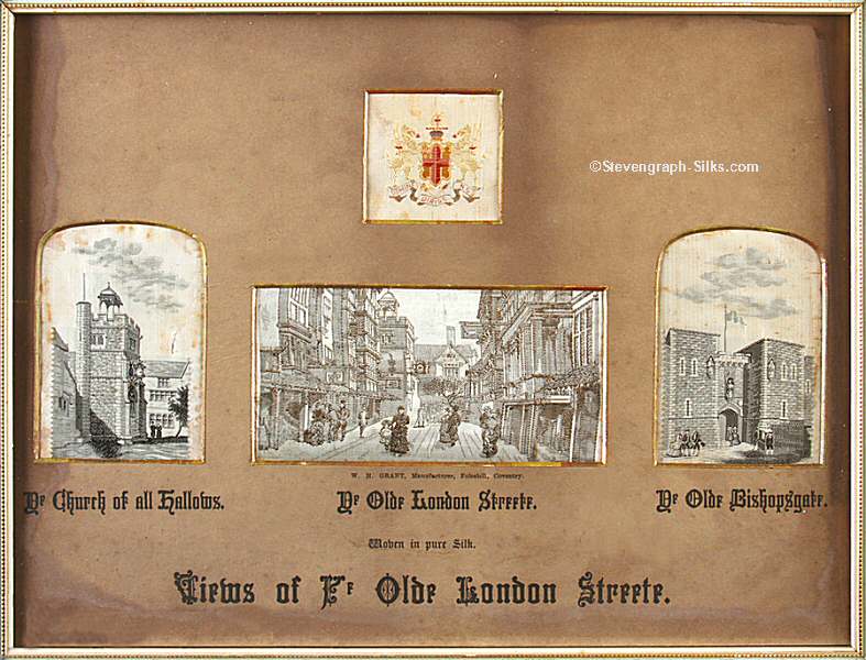 Four silk pictures in one frame, with the title, 'Views of Ye Olde London Streete'.  The mount contains the City of London Coat of Arms, and individual silks titled, 'Ye Church of all Hallows', Ye Olde London Streete', and 'Ye Olde Bishopsgate')