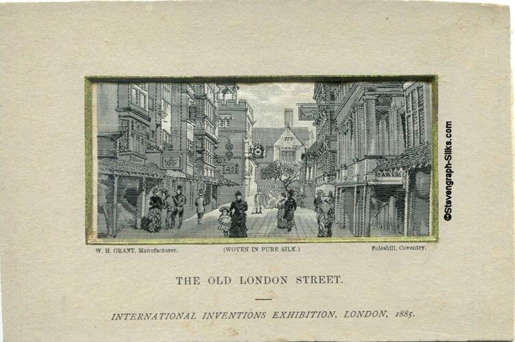 silk picture of an old street scene, titled, The Old London Street