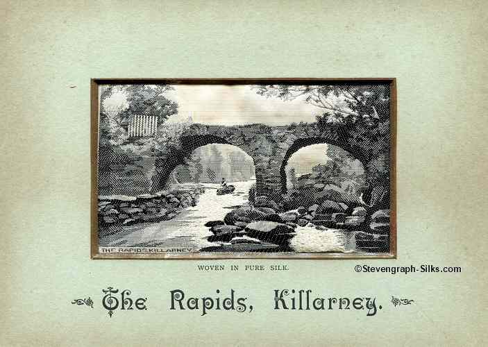 view of a bridge and rapids, with woven title "The Rapids Killarney" and full printed title