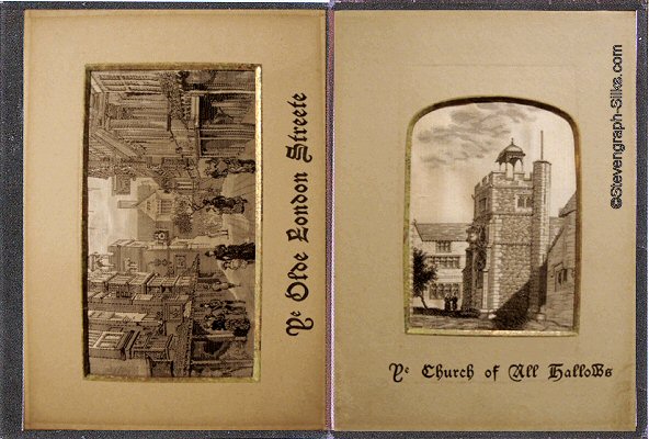 First and second pages of book, with pictures of Ye Olde London Streete and Ye Church of All Hallows