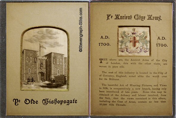 Third and fourth pages of book, with pictures of Ye Olde Bishopsgate, and Ye Ancient Citye Arms