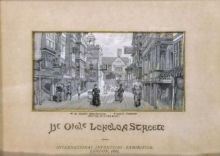 silk picture of an old street scene, titled, Ye Olde London Streete