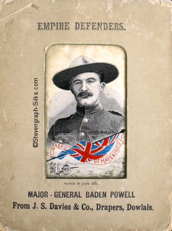 Portrait of Major-General Baden Powell, with title Empire Defenders, and overprinted with suppliers name