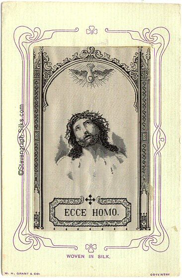Postcard with black and white image of Christ, with a crown of thorns, and a dove of peace hovering above