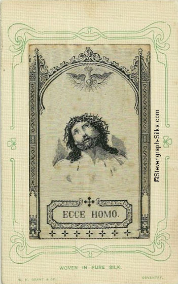 Postcard with black and white image of Christ, with a crown of thorns, and a dove of peace hovering above