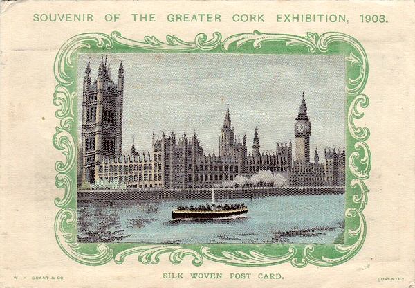 silk postcards with title words and image of The Houses of Parliament