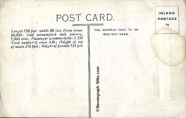 reverse of this postcard showing the printed statistics of the ship