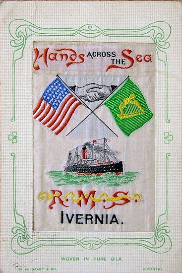 Colour image of crossed American and Irish flags, image of ship and RMS Ivernia name