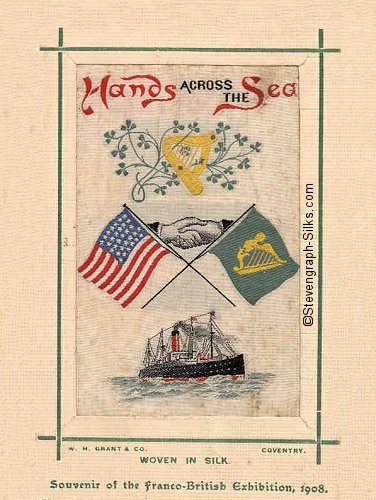Title words, flags, shaking hands and ship