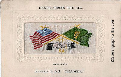 woven image of USA and Irish flags, with Hands Across the Sea printed above silk, and ships name printed below silk
