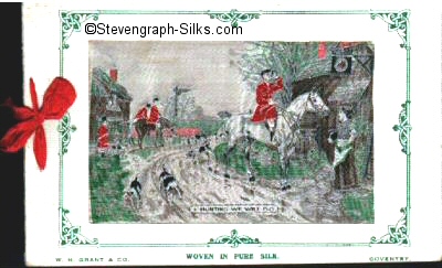 postcard with huntsmen taking a drink at a public house, with title woven on silk