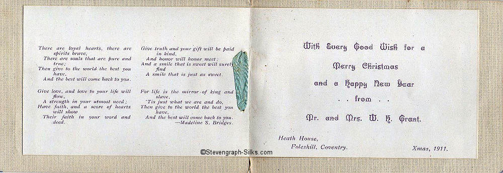 inside pages of this 1911 Grant Christmas card, with motto on one leaf and Grant Christmas greeting on the other side
