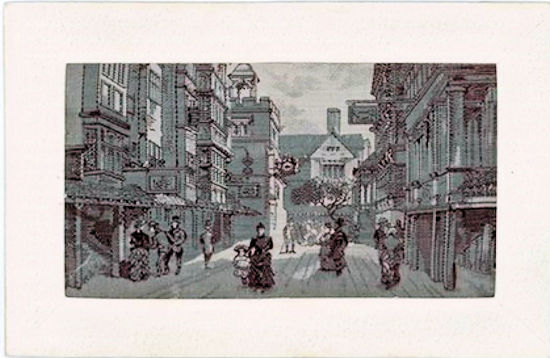 black & white silk image of an Old London Street, mounted in a continental card mount