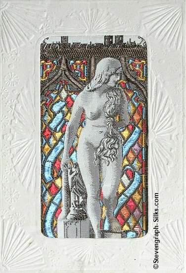 Grant woven silk of the Lady Godiva stained glass window, mounted in a continental card mount