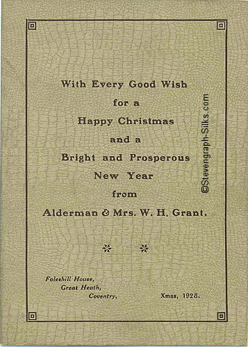 front cover of Grant 1928 Christmas card, with words of good wishes etc. with Alderman & Mrs Grant name