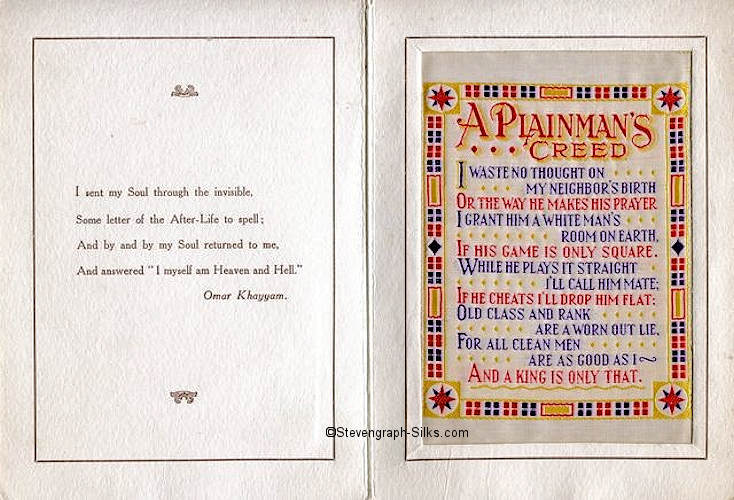 inside pages of this 1928 Grant Christmas card, with motto on one leaf and silk on the other