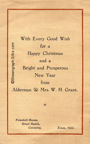 front cover of Grant 1923 Christmas card, with words of good wishes etc. with Alderman & Mrs Grant name