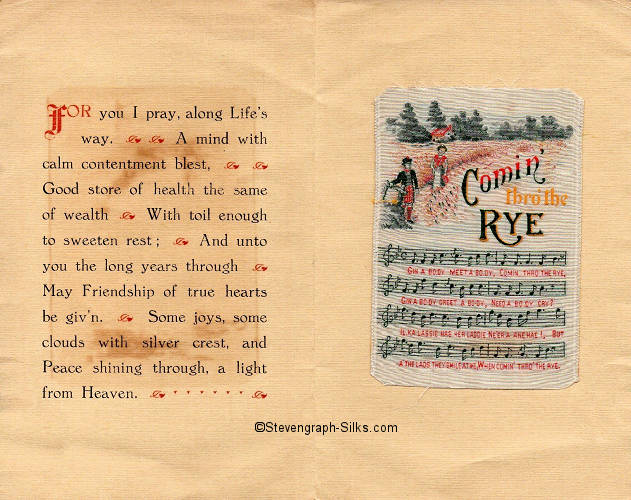 inside pages of this 1923 Grant Christmas card, with motto on one leaf and silk on the other