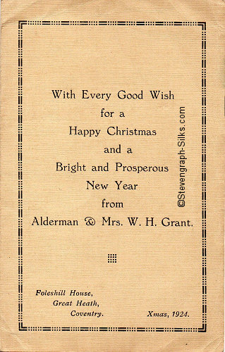 front cover of Grant 1924 Christmas card, with words of good wishes etc. with Alderman & Mrs Grant name