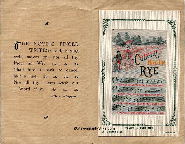 inside pages of this 1924 Grant Christmas card, with motto on one leaf and silk on the other