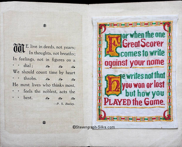 inside pages of this 1925 Grant Christmas card, with motto on one leaf and silk on the other