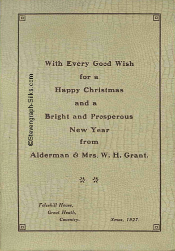 front cover of this 1927 Grant Christmas card, with seasonal greetings and Alderman & Mrs W. H. Grant name