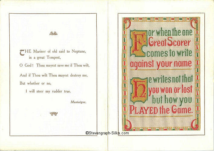 inside pages of this 1927 Grant Christmas card, with motto on one leaf and silk on the other