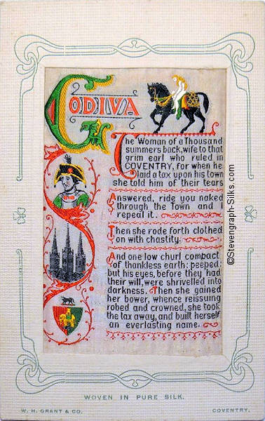 Colour image of Godiva on horse back, Peeping Tom and Coventry Cathedral (pre war) and words of poem.