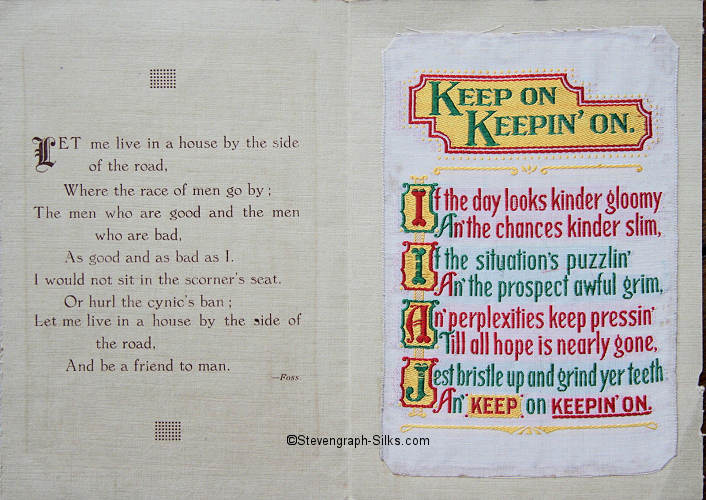 inside pages of this 1926 Grant Christmas card, with motto on one leaf and silk on the other