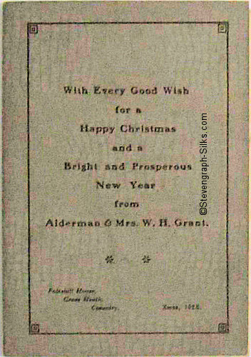 front cover of Grant 1929 Christmas card, with words of good wishes etc. with Alderman & Mrs Grant name