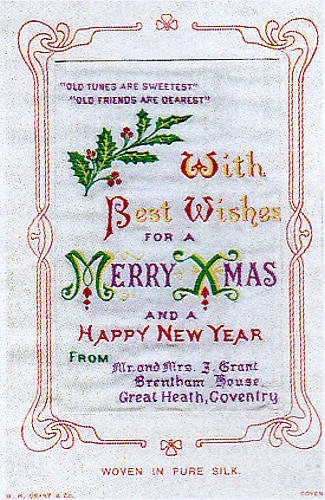 postcard woven in colour, with words and Christmas decorations