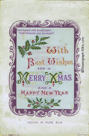 postcard woven in colour, with words and Christmas decorations