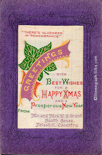 front cover of Grant 1903 Christmas card, with woven silk with words