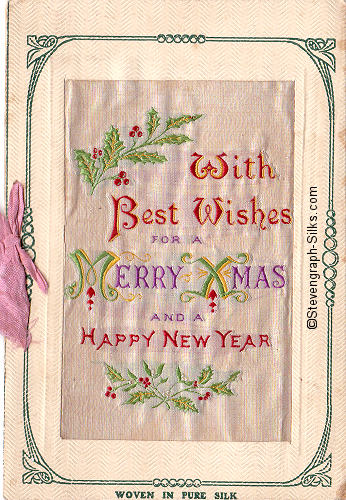 front cover of undated Christmas card, with woven silk words of good wishes etc.