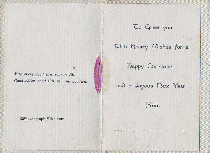 inside pages of this undated Christmas card, with motto on one leaf and greetings on the other