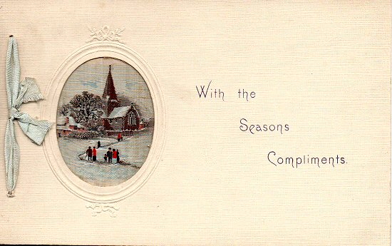 front cover of Grant undated Christmas card, with woven silk picture of a winter church scene