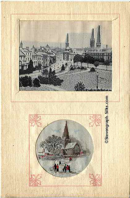 postcard with two silk picturs, being Coventry (Grey Friar's Green) & view of a church in the snow