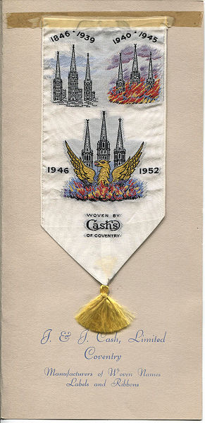 J & J Cash woven promotional bookmark with dates and images of Coventry before world war 2, during and after, with image of a phoenix rising from the ashes, with Coventry's Three Spires in the background