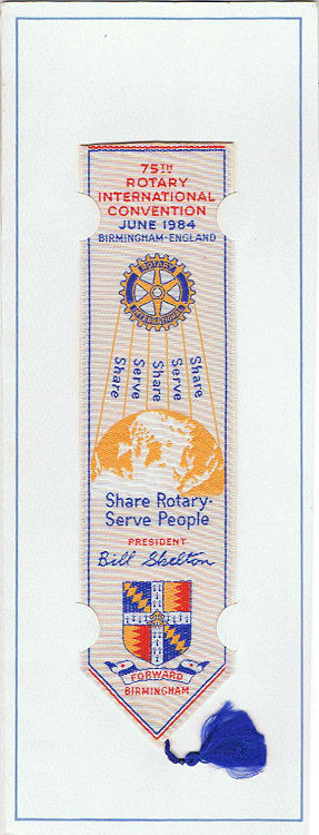 J & J Cash woven promotional bookmark with words: 75th Rotary International Convention June 1984