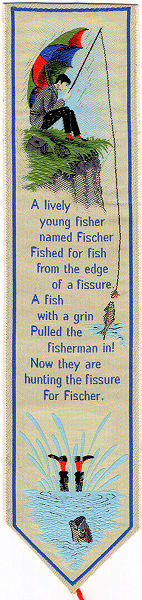 J & J Cash woven bookmark, with image of a fisherman and words of a tongue twister