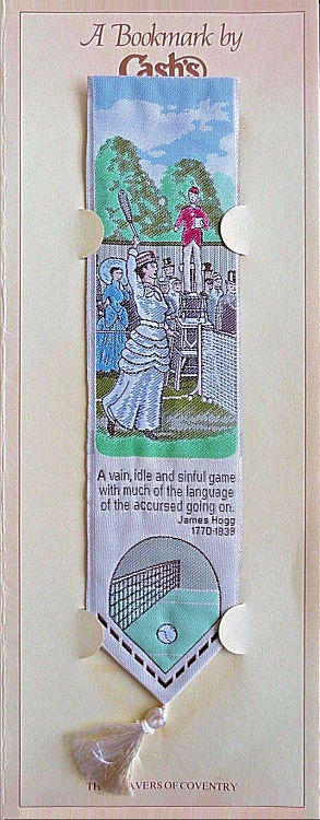 J & J Cash woven bookmark, with words, and image of a tennis game