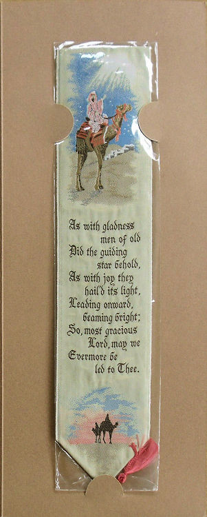 J & J Cash woven bookmark with image of a wise man following the Star of Bethlehem, and words of an hymn