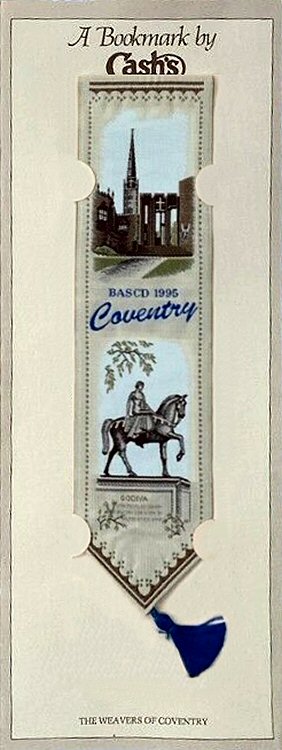 J & J Cash woven bookmark, with title words and scenes of Coventry cathedral and Lady Godiva statue